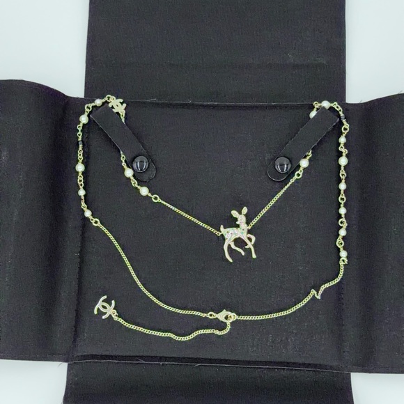 CHANEL Jewelry - CHANEL Crystal Studded Deer Necklace w/ Pearled Chain w/Chanel Box, Insert & COA